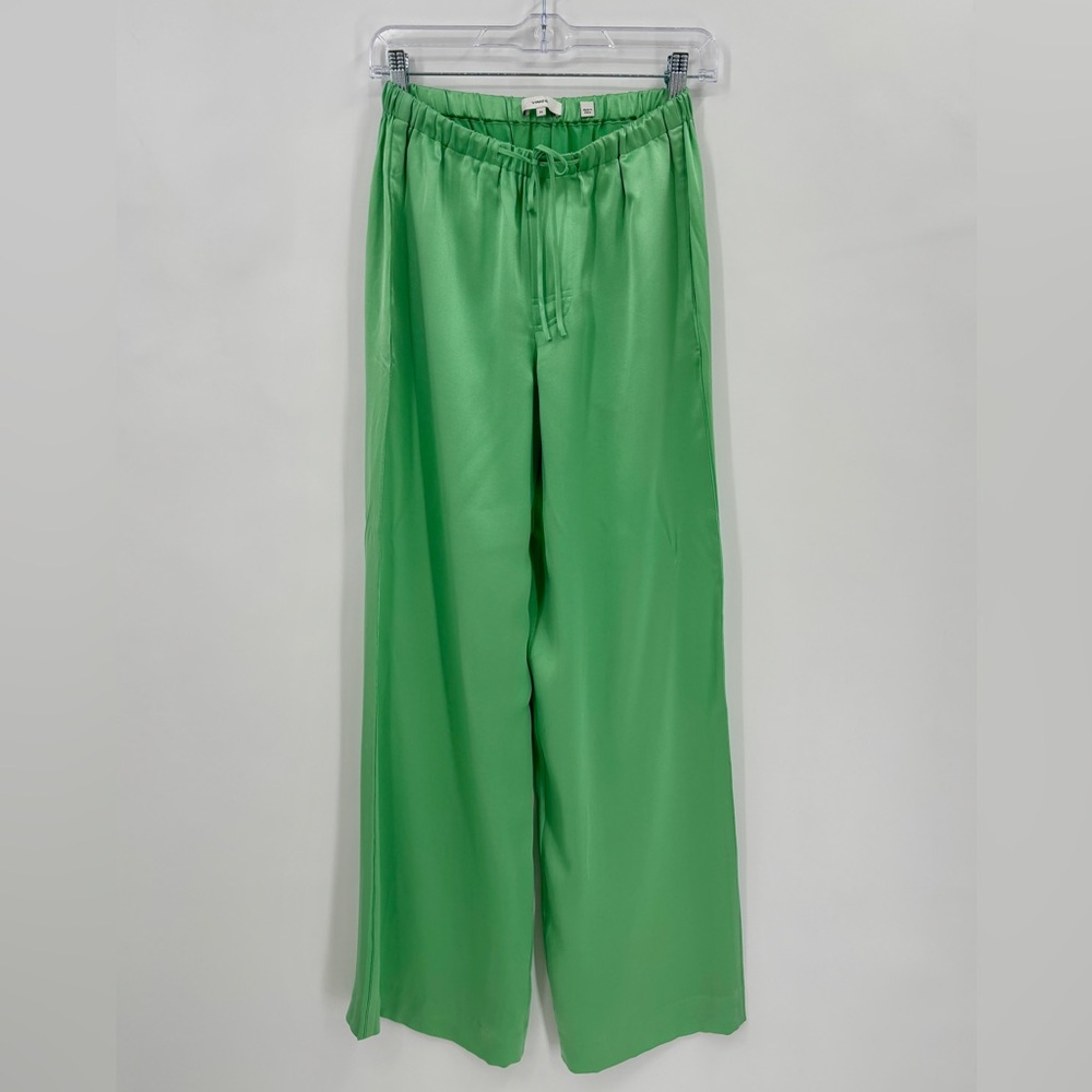 Vince 100% Silk Lounge Pants Women XS Wide Leg Luxe Satin Pajama Green Pockets